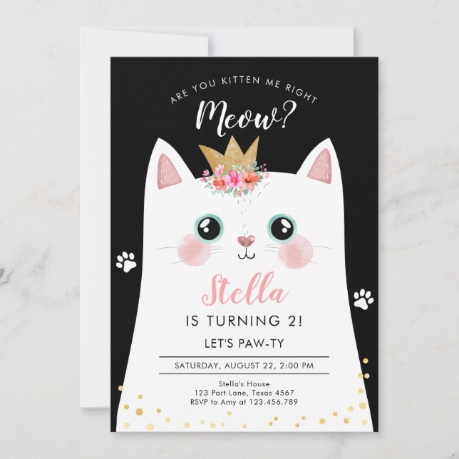 Kitten Meow Teal Crown Girl Kitty Cat Birthday Invitation (Front)