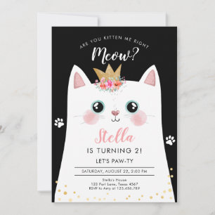 Kitten Meow Teal Crown Girl Kitty Cat Birthday Invitation