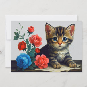 Kitten Modern Cute Portrait Colourful Flowers Cat Holiday Card