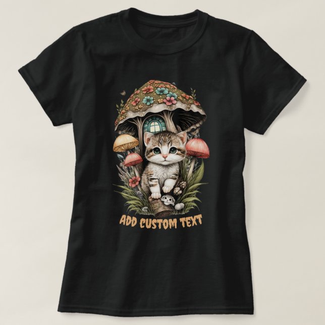 Kitten Mushroom House Floral, Cat Pet Lovers T-Shirt (Design Front)
