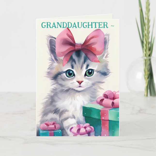 KITTEN n BOW GRANDDAUGHTER CHRISTMAS CARD (Front)