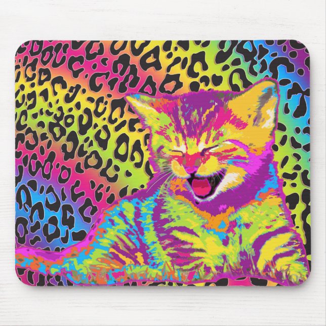 Kitten on rainbow leopard print background mouse mat (Front)