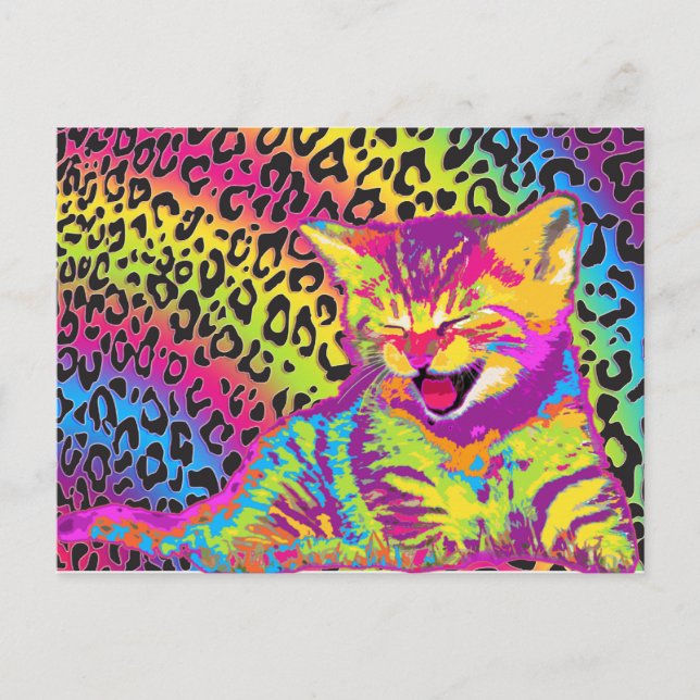 Kitten on rainbow leopard print background postcard (Front)