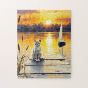 kitten on the dock at sunset jigsaw puzzle