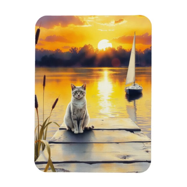 kitten on the dock at sunset magnet (Vertical)