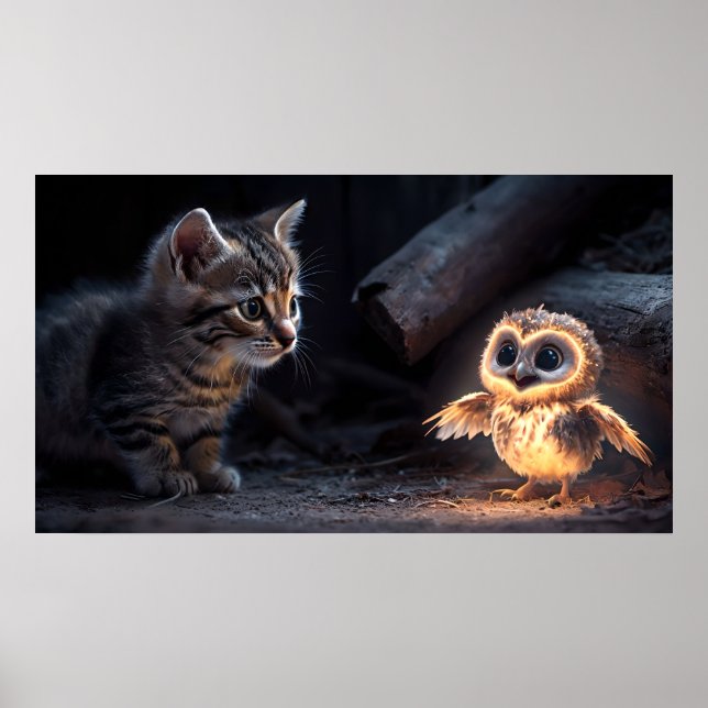 Kitten & Owl Poster – Whimsical Forest Friends Art (Front)