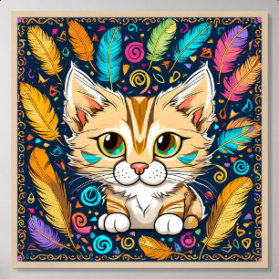 kitten painting cute brown play feather ball toys poster