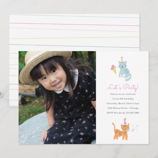 Kitten Party Birthday Photo Invite (Front/Back)