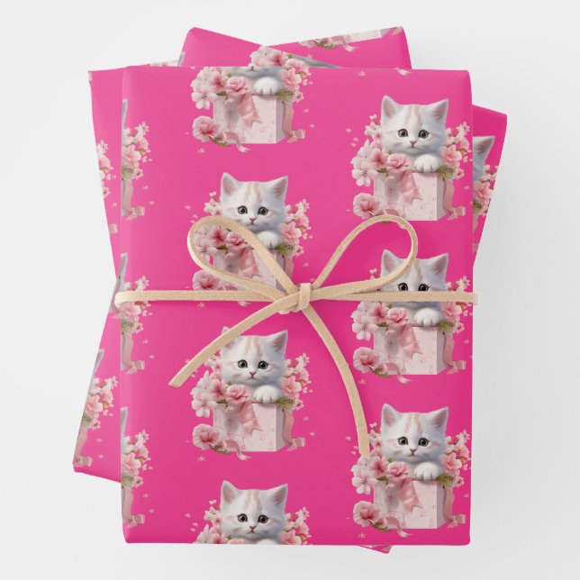 Kitten Pattern Pink Wrapping Paper For Cat Lovers (In situ)