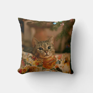 Kitten peeking behind the Christmas tree Cushion