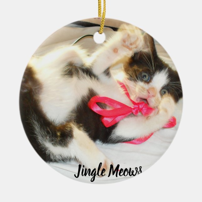 Kitten Photo Text Jingle Meows, Customise,  Ceramic Tree Decoration (Front)