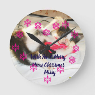 Kitten Photo Text Jingle Meows, Customize,  Round Clock