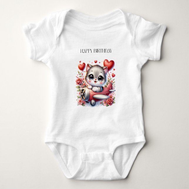 Kitten Pilot Birthday Baby Bodysuit (Front)