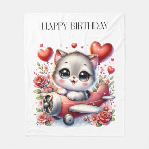 Kitten Pilot Birthday Fleece Blanket