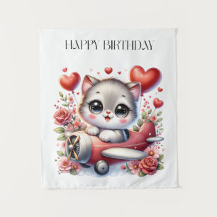 Kitten Pilot Birthday Tapestry