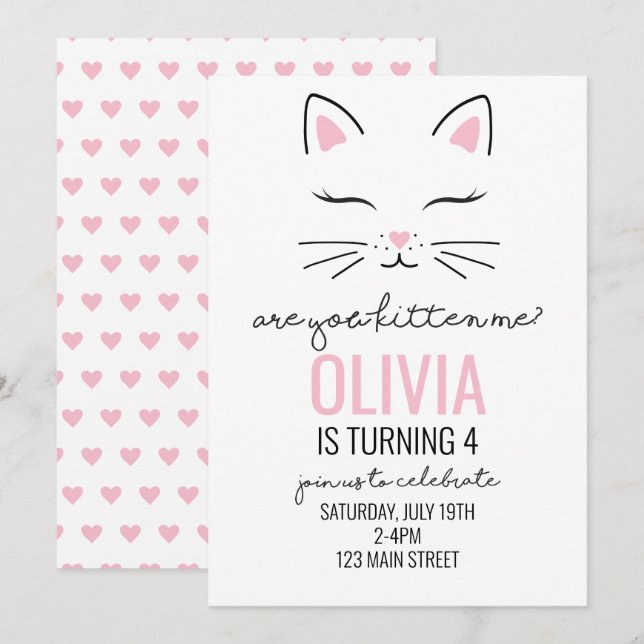 Kitten Pink Hearts Birthday Invitation (Front/Back)