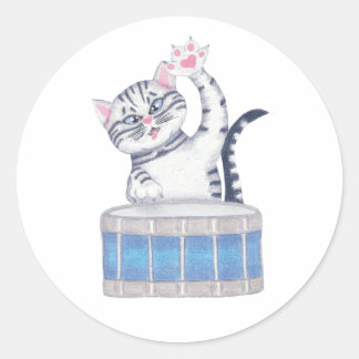 Kitten Playing a Drum Classic Round Sticker
