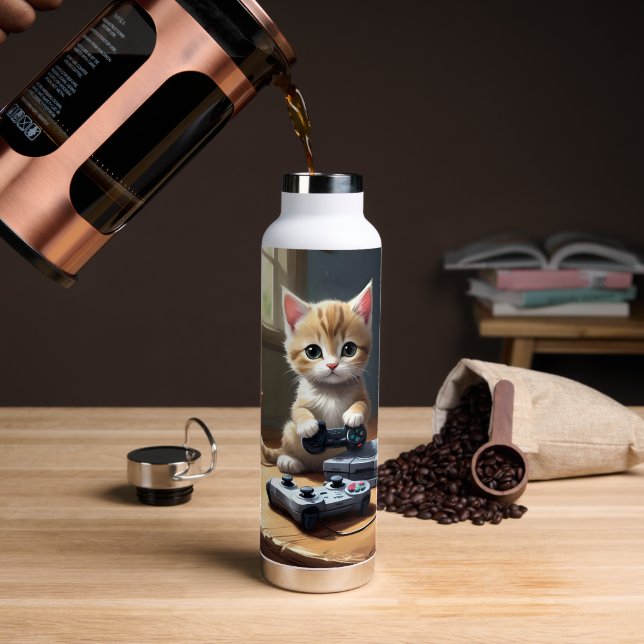Kitten Playing Gaming Console, Water Bottle (Coffee (Rotated))