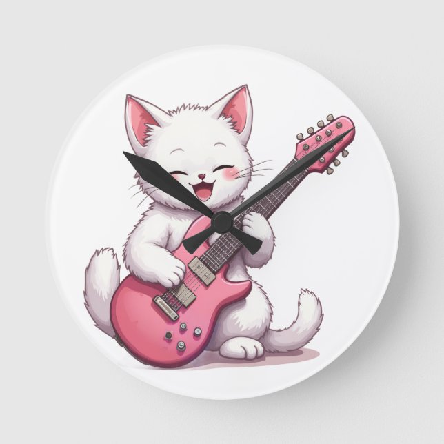 Kitten Playing Guitar Round Clock (Front)