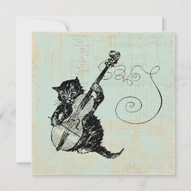 Kitten Playing Violin Teal Music Cat Illustration Invitation (Front)