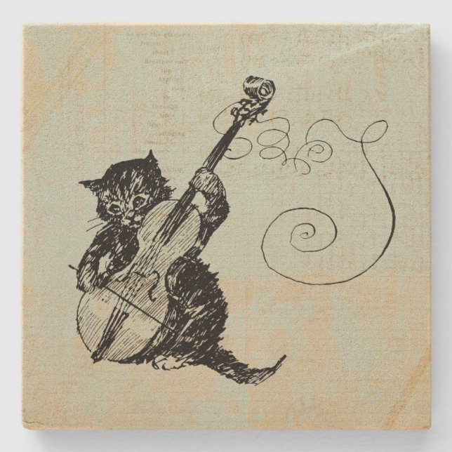 Kitten Playing Violin Teal Music Cat Illustration Stone Coaster (Front)