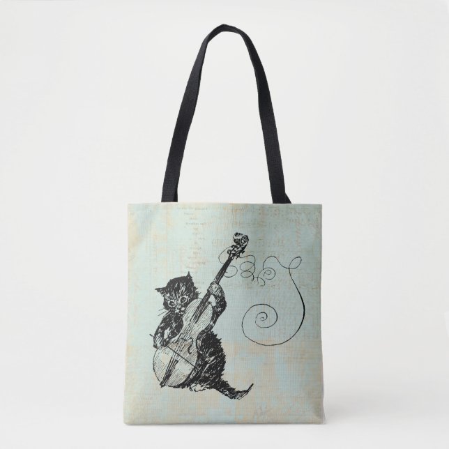Kitten Playing Violin Teal Music Cat Illustration Tote Bag (Front)