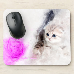 Kitten playing with a pink yarn ball watercolor mouse mat