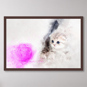 Kitten playing with a pink yarn ball watercolor photo print