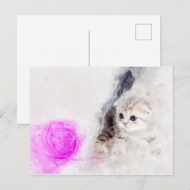 Kitten playing with a pink yarn ball watercolor postcard (Front/Back)
