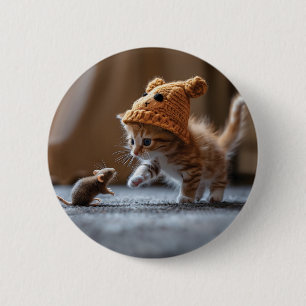Kitten playing with a small mouse 6 cm round badge