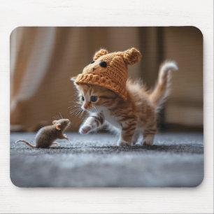 Kitten playing with a small mouse mat