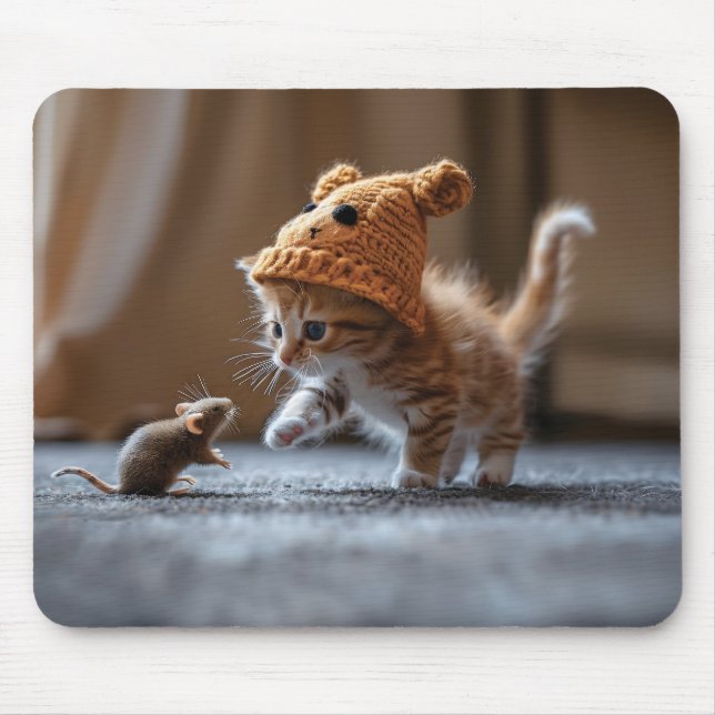 Kitten playing with a small mouse mat (Front)