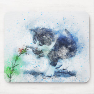 Kitten Playing with Flower Abstract Watercolor Mouse Mat
