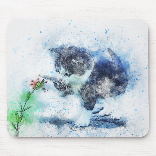 Kitten Playing with Flower | Abstract | Watercolor Mouse Mat (Front)