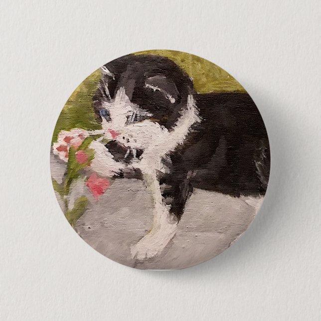 Kitten Playing with Pink Flower 6 Cm Round Badge (Front)