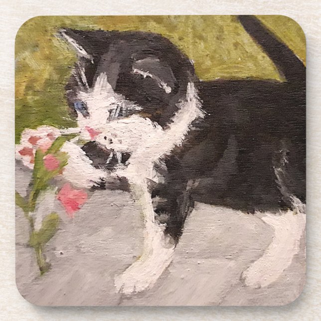 Kitten Playing with Pink Flower Coaster (Front)