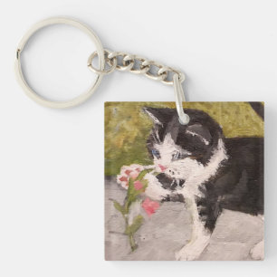 Kitten Playing with Pink Flower Key Ring