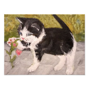 Kitten Playing with Pink Flower Photo Print