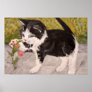 Kitten Playing with Pink Flower Poster