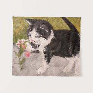 Kitten Playing with Pink Flower Tapestry
