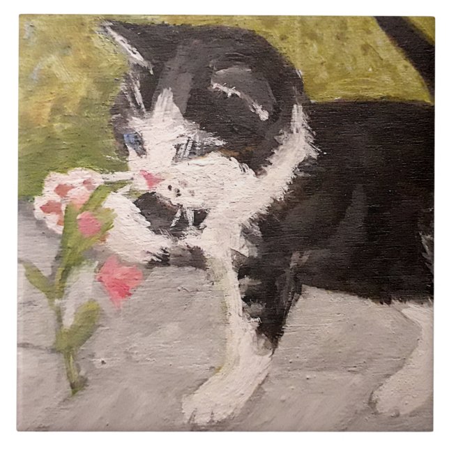 Kitten Playing with Pink Flower Tile (Front)