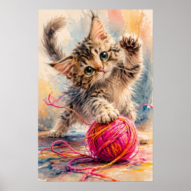 Kitten Playing with Pink Yarn Cat Lover Poster (Front)