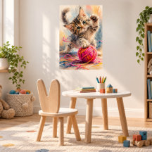 Kitten Playing with Pink Yarn Cat Lover