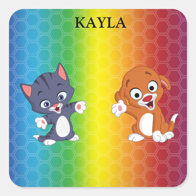 Kitten & Puppy Rainbow stickers. Square Sticker (Front)