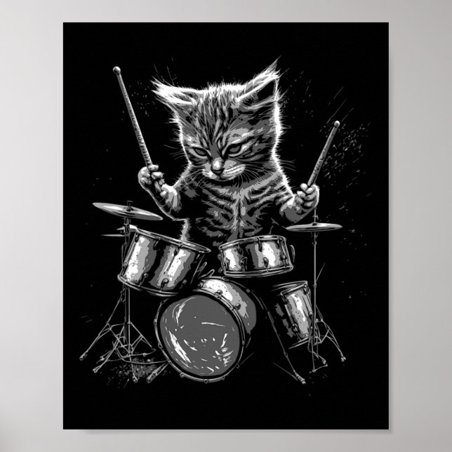 Kitten Rock Band Drummer Cat Playing Drums  Poster (Front)