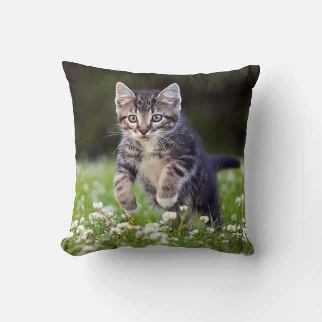 Kitten Running Through Clover Cushion (Front)