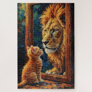 Kitten Seeing Lion Reflection Motivational Impasto Jigsaw Puzzle