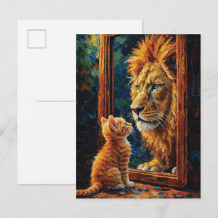 Kitten Seeing Lion Reflection Motivational Impasto Postcard