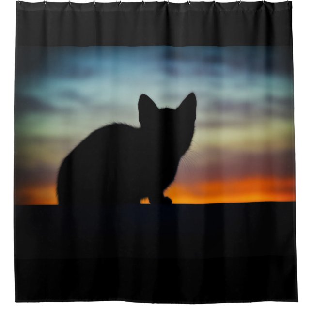 Kitten Silhouette Sunset Sky Shower Curtain (Front)