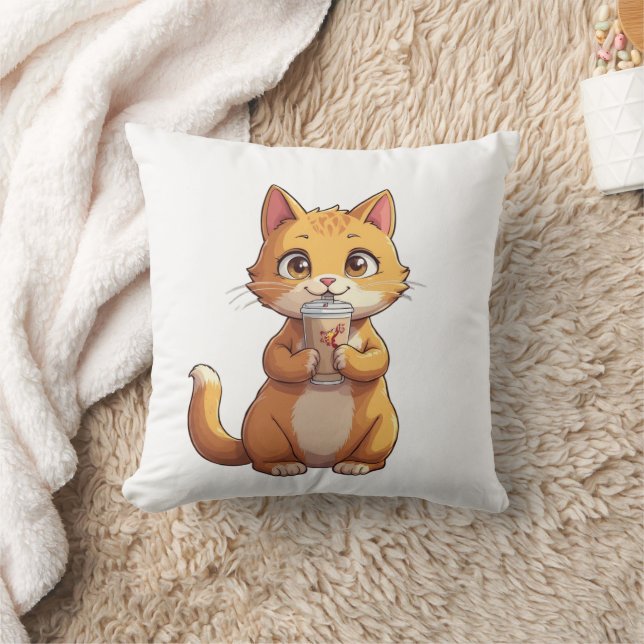 Kitten Sipping Coffee Cushion (Blanket)